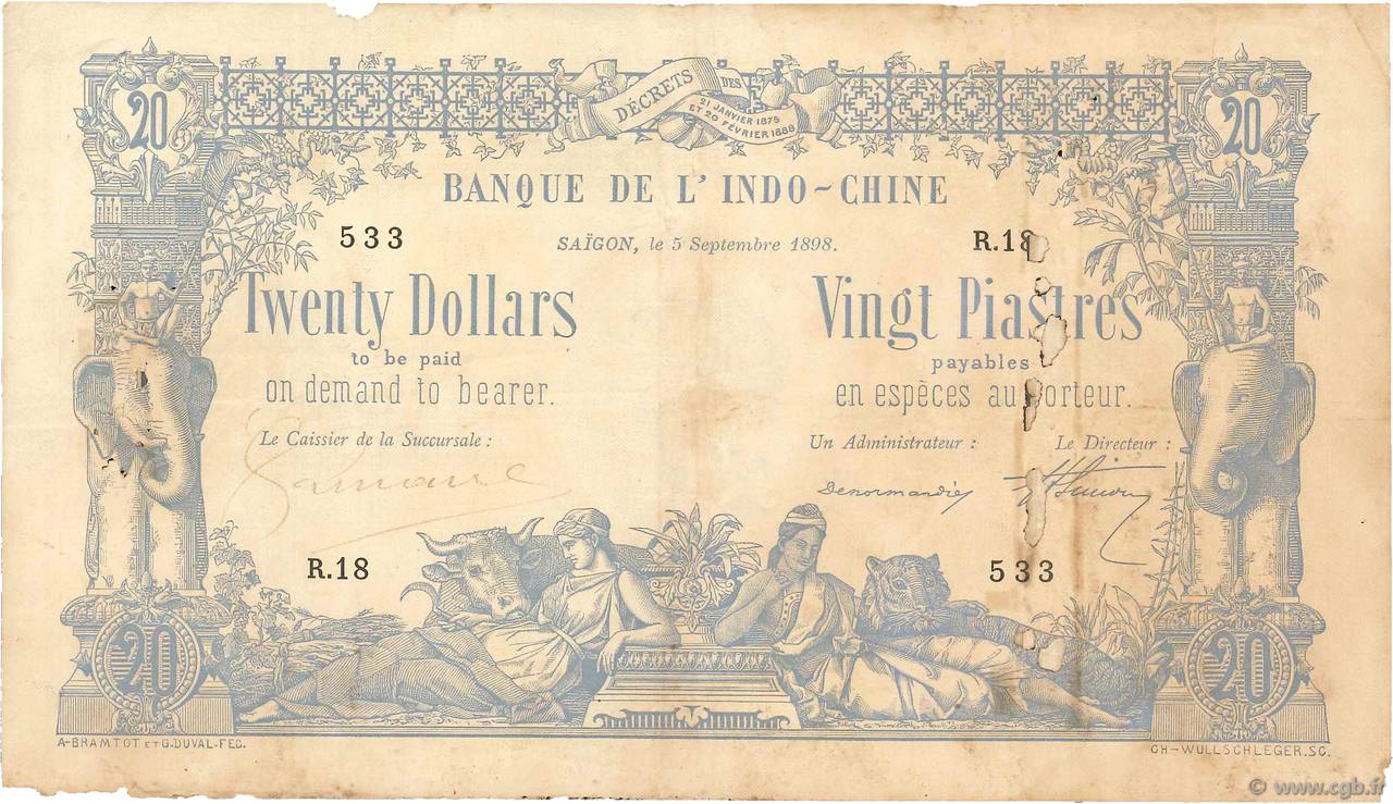 20 Dollars - 20 Piastres INDOCINA FRANCESE Saïgon 1898 P.030 q.MB