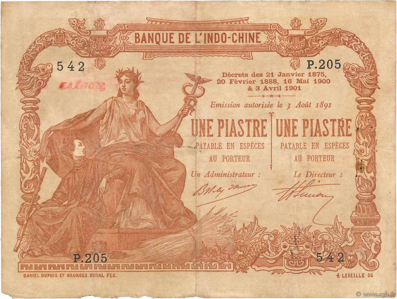 1 Piastre - 1 Piastre FRANZÖSISCHE-INDOCHINA Saïgon 1903 P.034a S
