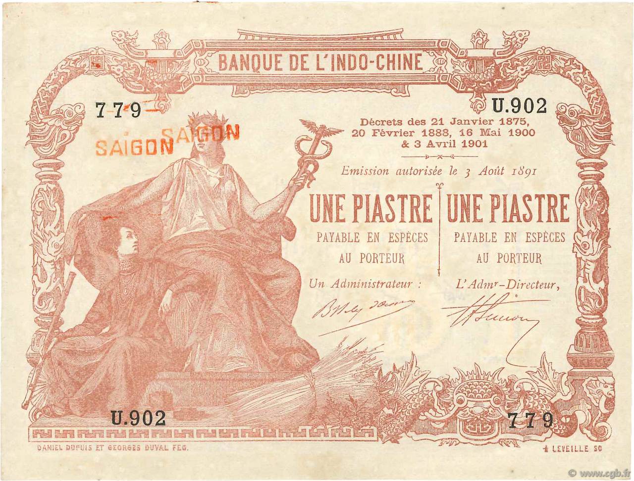 1 Piastre - 1 Piastre INDOCHINE FRANÇAISE Saïgon 1909 P.034b SUP