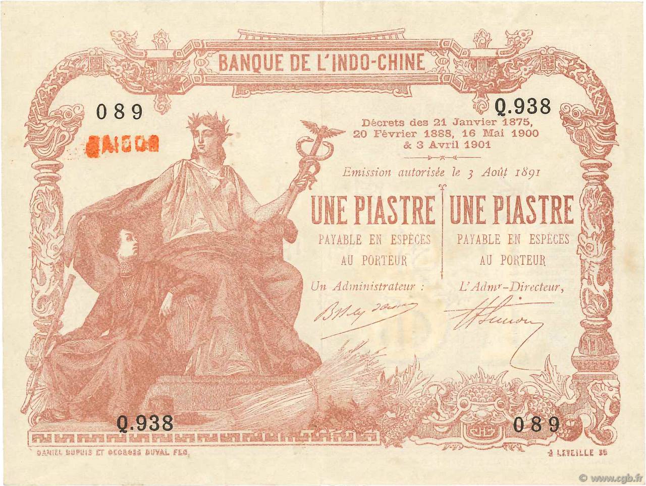 1 Piastre - 1 Piastre FRANZÖSISCHE-INDOCHINA Saïgon 1909 P.034b VZ+