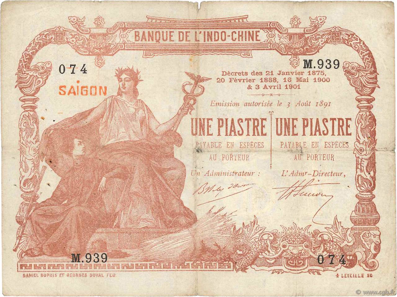 1 Piastre - 1 Piastre INDOCHINE FRANÇAISE Saïgon 1909 P.034b TB+