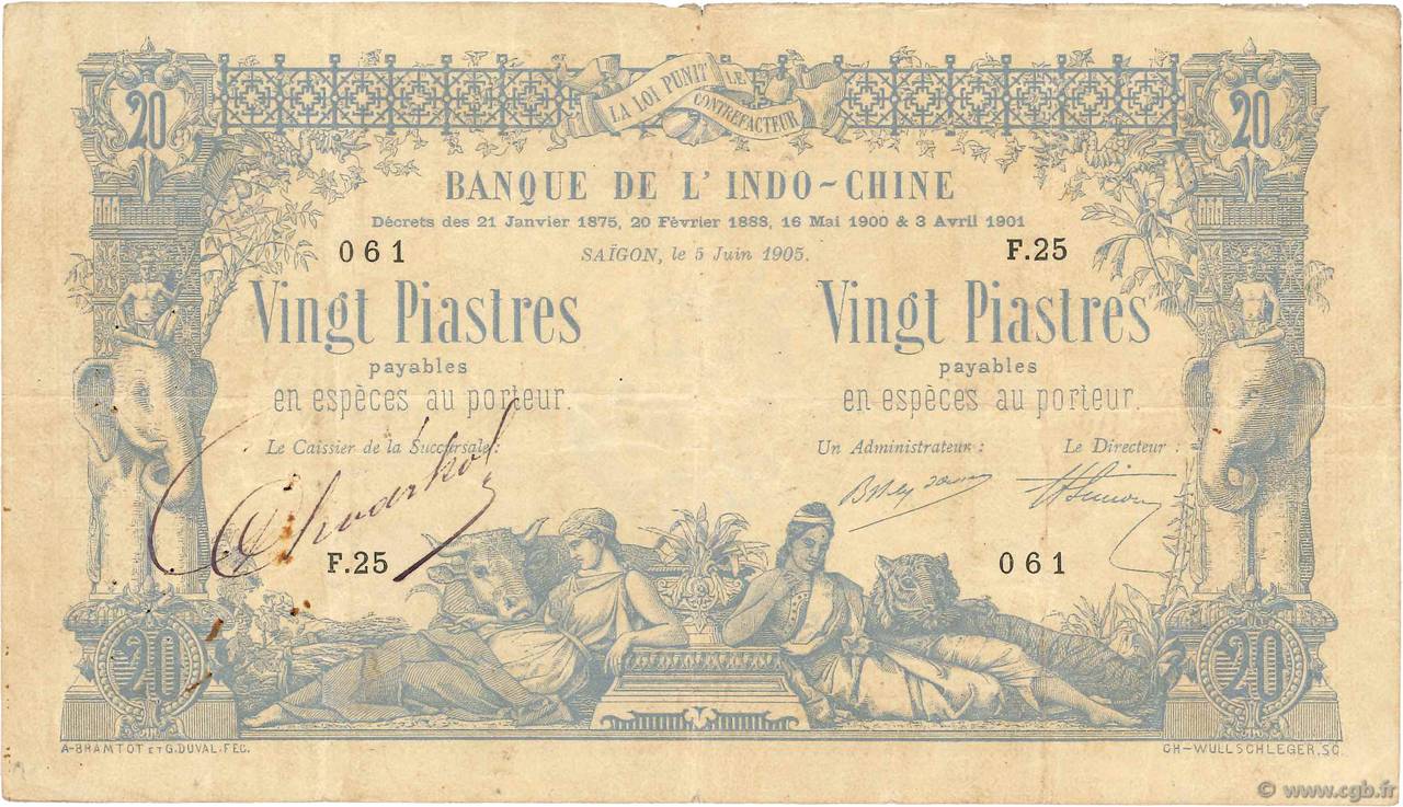 20 Piastres - 20 Piastres INDOCINA FRANCESE Saïgon 1905 P.036 q.BB