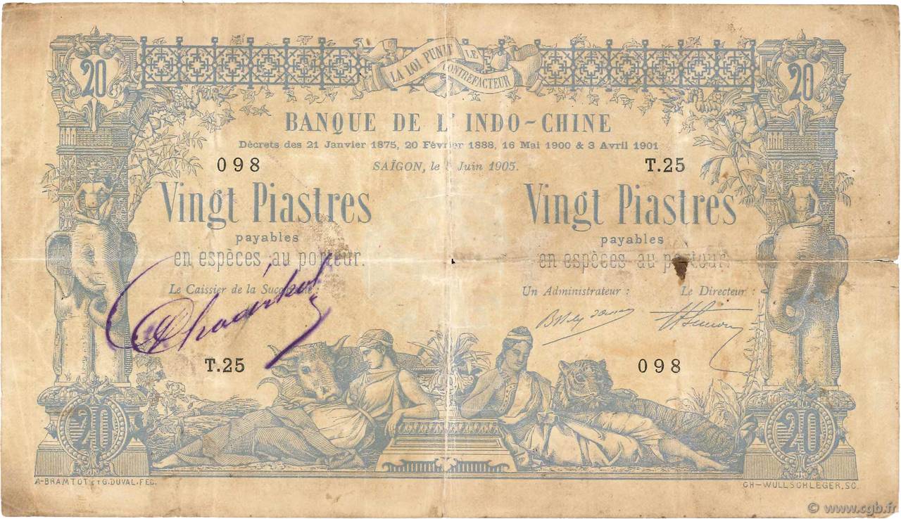 20 Piastres - 20 Piastres INDOCINA FRANCESE Saïgon 1905 P.036 MB