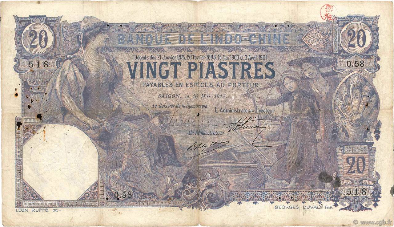 20 Piastres FRENCH INDOCHINA Saïgon 1917 P.038b VG