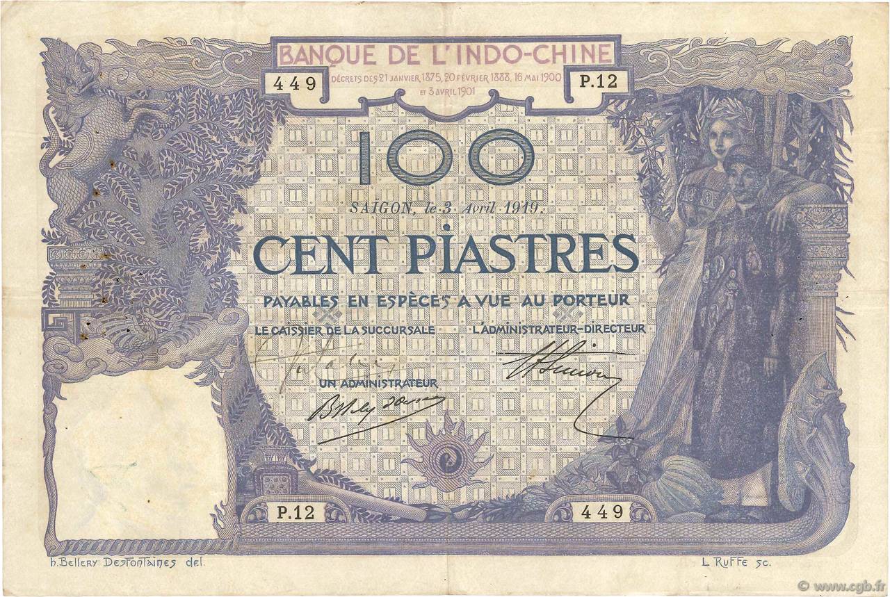 100 Piastres FRANZÖSISCHE-INDOCHINA Saïgon 1914 P.039 SS