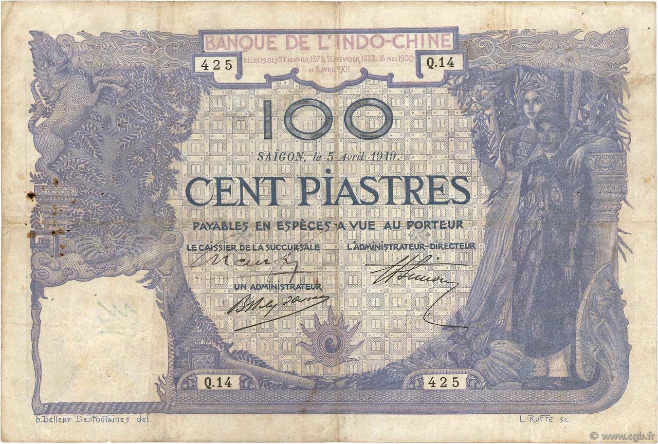 100 Piastres FRENCH INDOCHINA Saïgon 1914 P.039 F+