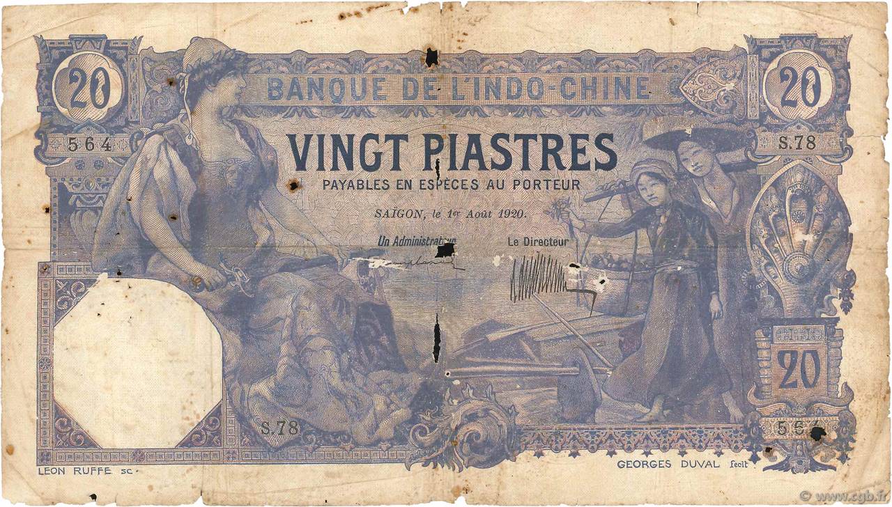 20 Piastres INDOCHINE FRANÇAISE Saïgon 1920 P.041 B