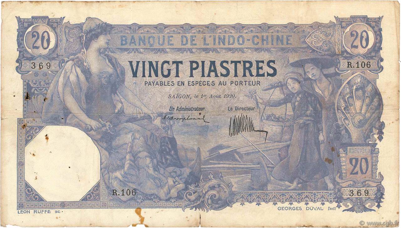 20 Piastres INDOCINA FRANCESE Saïgon 1920 P.041 MB