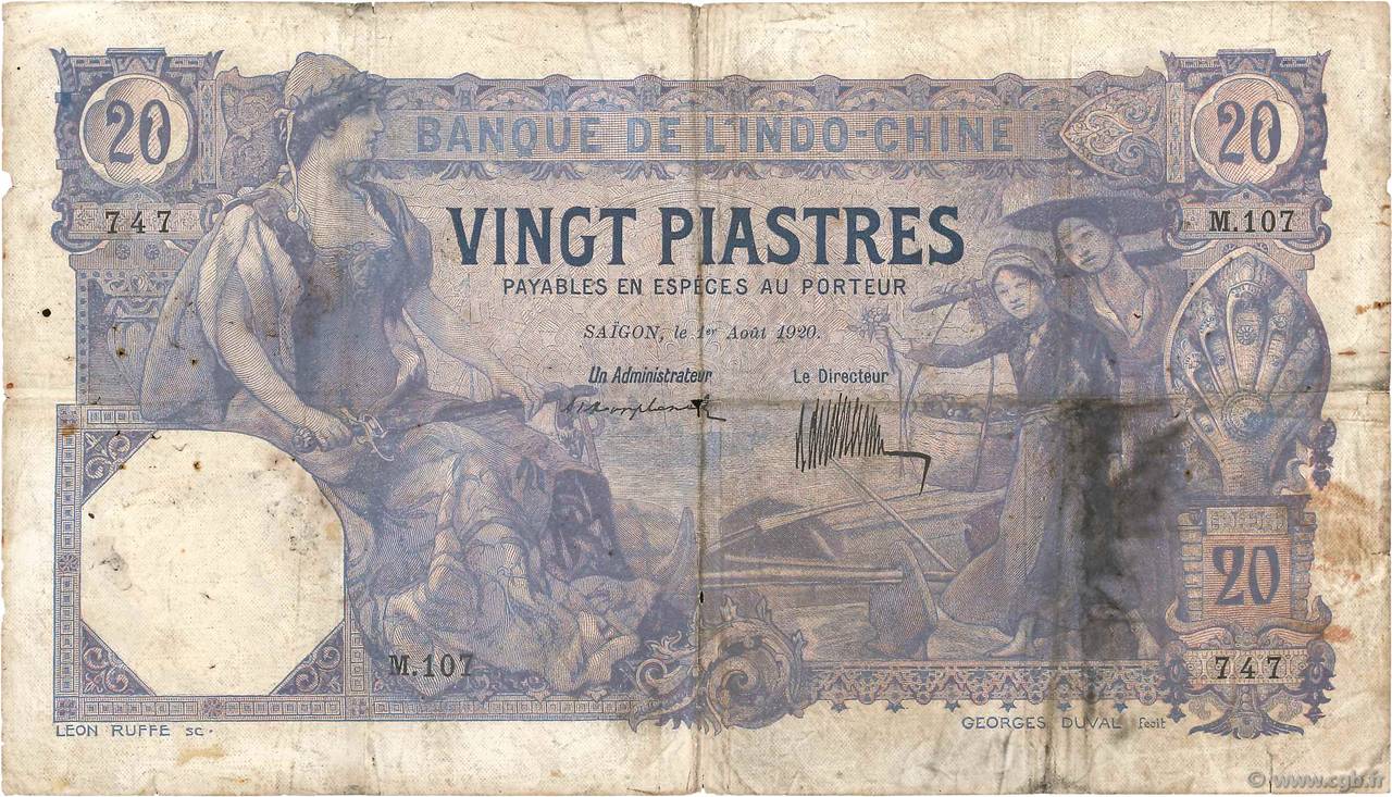 20 Piastres INDOCHINE FRANÇAISE Saïgon 1920 P.041 B+