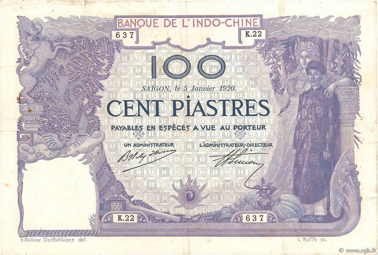 100 Piastres INDOCHINE FRANÇAISE Saïgon 1920 P.042 TTB