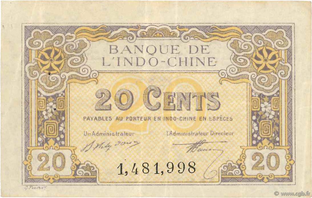 20 Cents FRENCH INDOCHINA  1919 P.045b XF