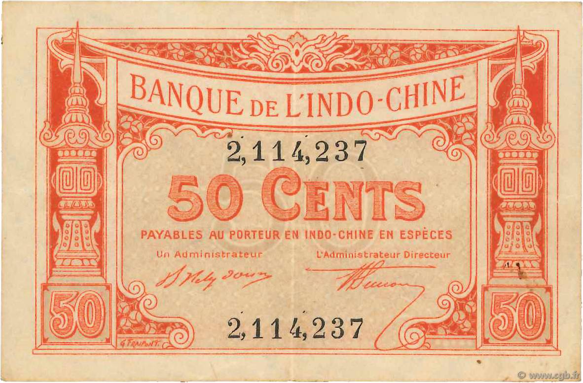 50 Cents FRENCH INDOCHINA  1919 P.046 VF+