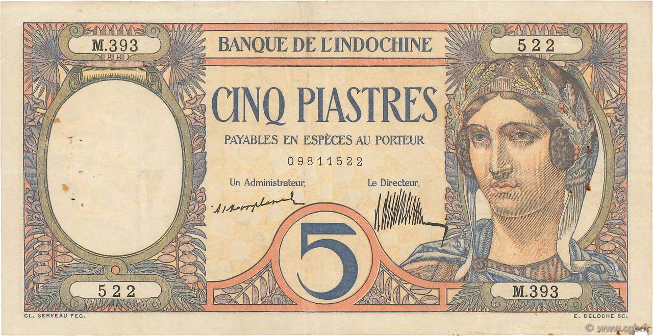 5 Piastres FRENCH INDOCHINA  1927 P.049a VF