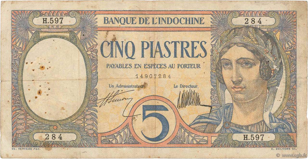 5 Piastres FRENCH INDOCHINA  1927 P.049b F
