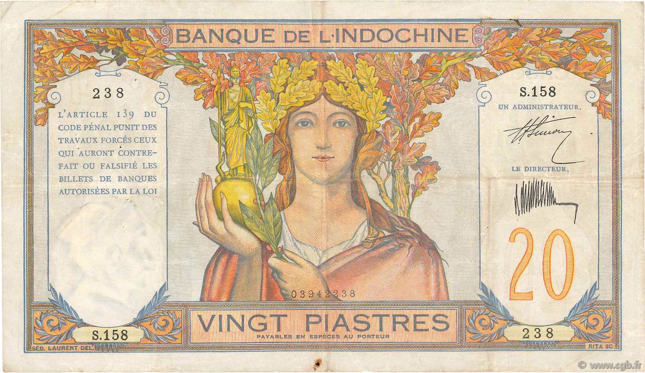 20 Piastres INDOCINA FRANCESE  1928 P.050 BB