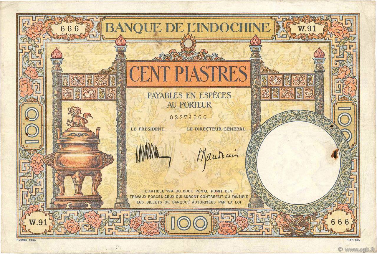 100 Piastres INDOCHINE FRANÇAISE  1932 P.051c TB+