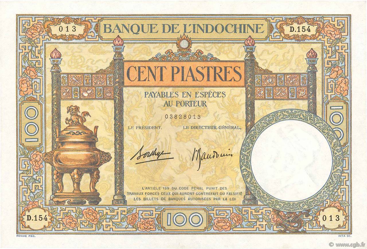 100 Piastres FRENCH INDOCHINA  1936 P.051d XF+
