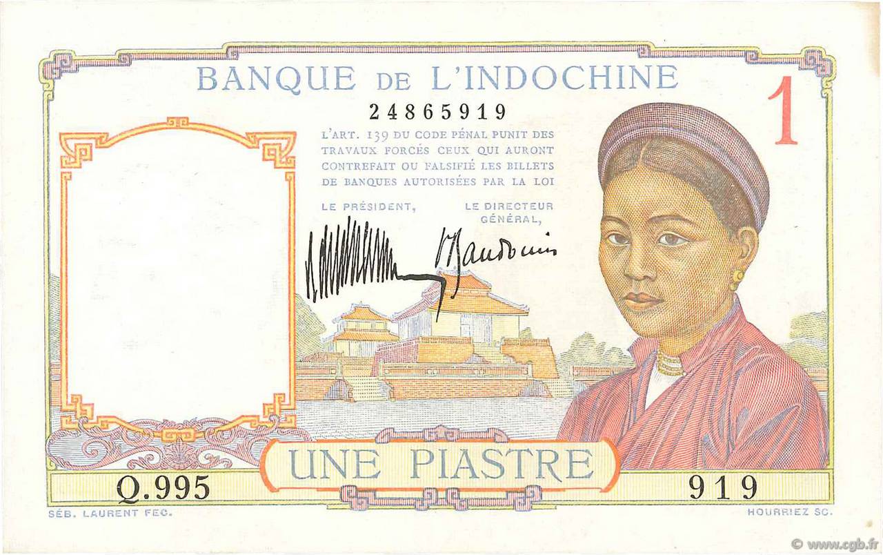 1 Piastre INDOCINA FRANCESE  1932 P.054a q.FDC