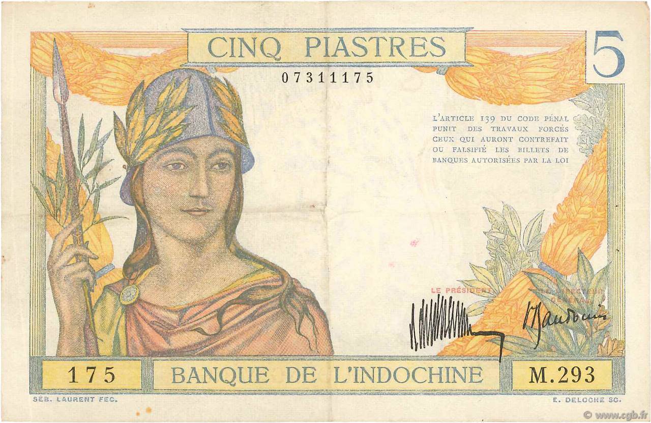 5 Piastres FRENCH INDOCHINA  1932 P.055a VF