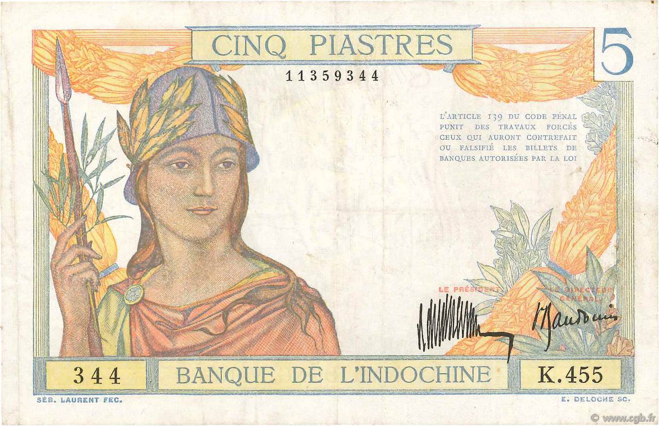 5 Piastres FRENCH INDOCHINA  1932 P.055a VF