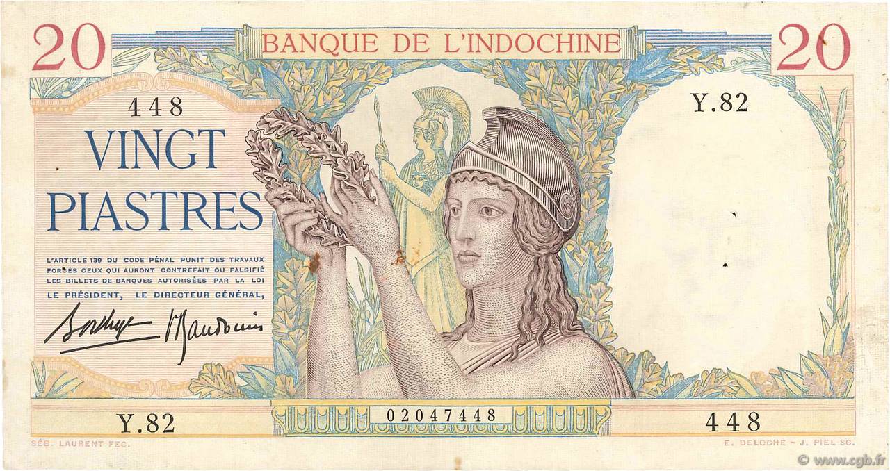 20 Piastres INDOCINA FRANCESE  1936 P.056b SPL