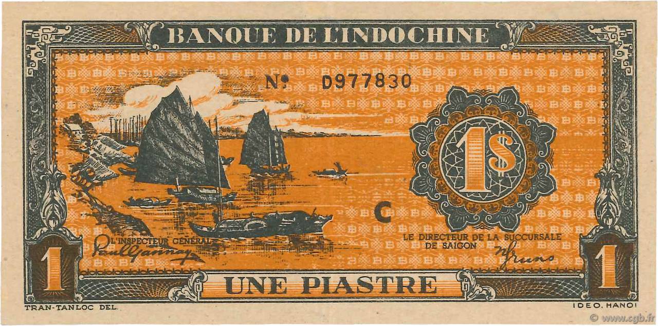 1 Piastre orange INDOCINA FRANCESE  1945 P.058c AU
