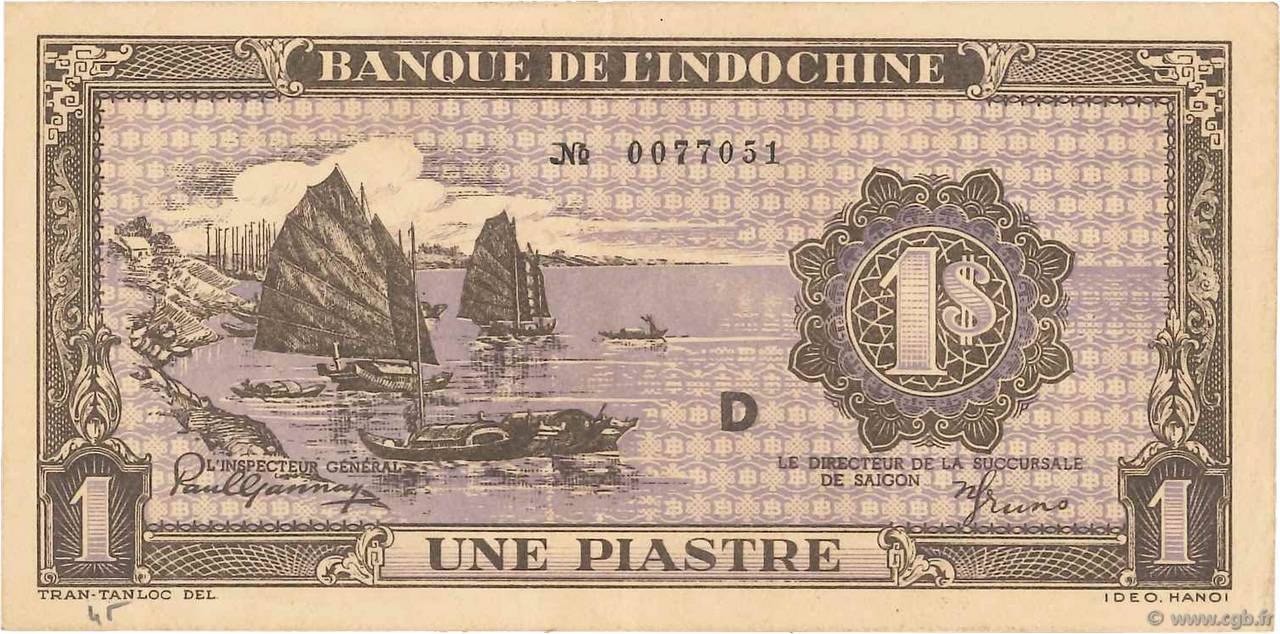 1 Piastre violet FRENCH INDOCHINA  1943 P.060 XF