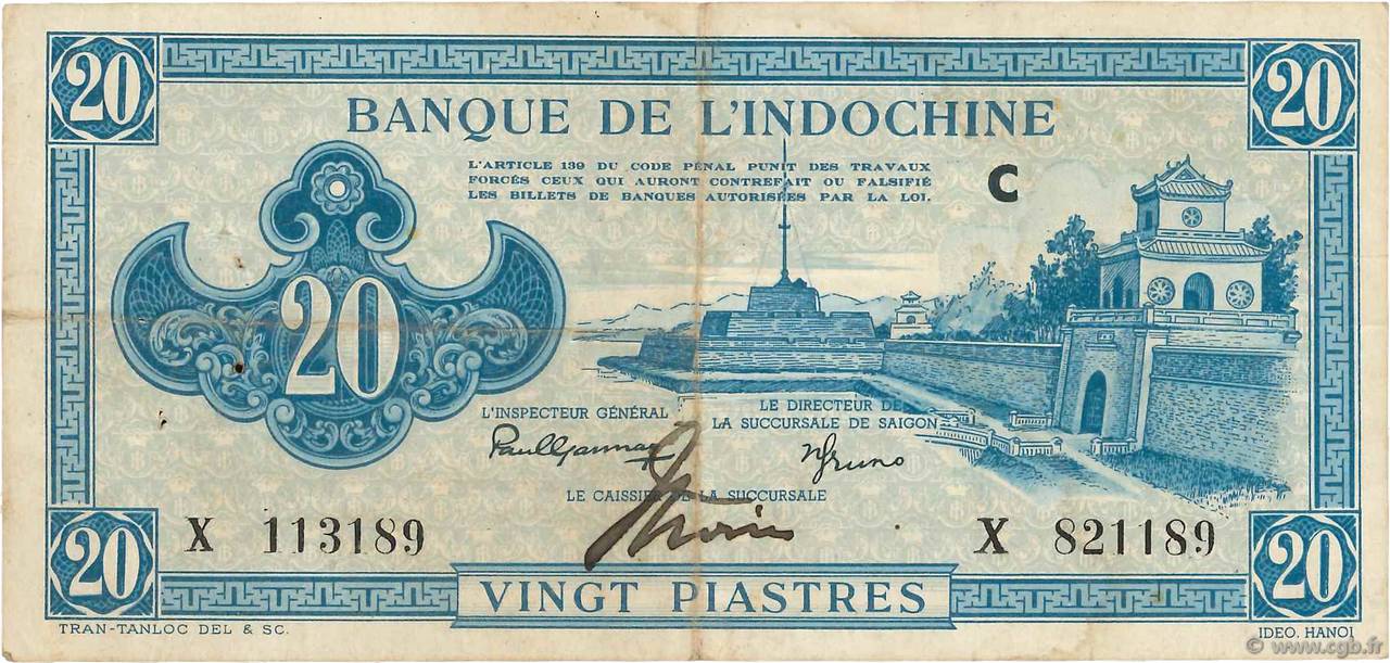 20 Piastres bleu INDOCINA FRANCESE  1943 P.065 BB