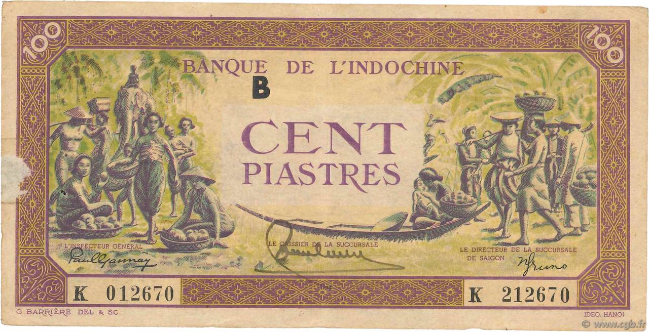 100 Piastres violet et vert FRENCH INDOCHINA  1944 P.067 VF