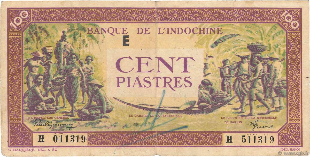 100 Piastres violet et vert INDOCHINE FRANÇAISE  1944 P.067 TTB