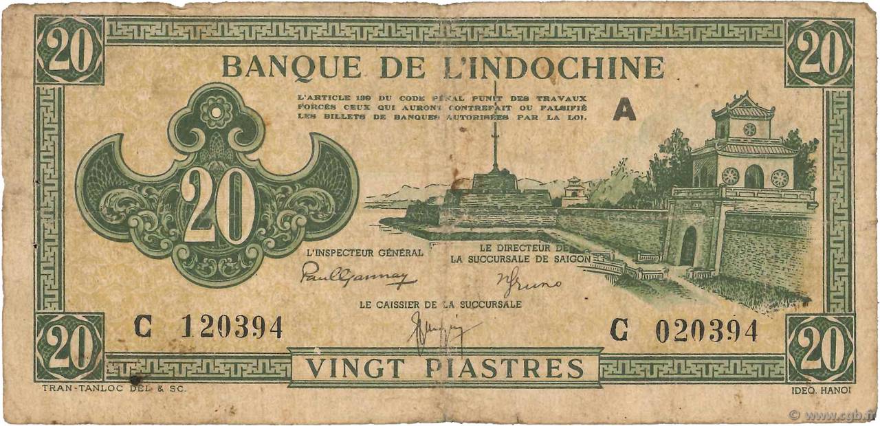 20 Piastres vert FRENCH INDOCHINA  1944 P.070 VG
