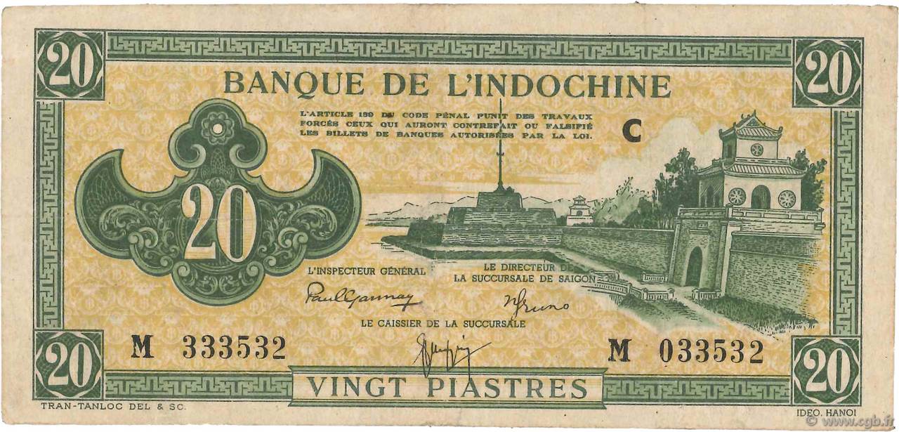 20 Piastres vert FRENCH INDOCHINA  1944 P.070 VF