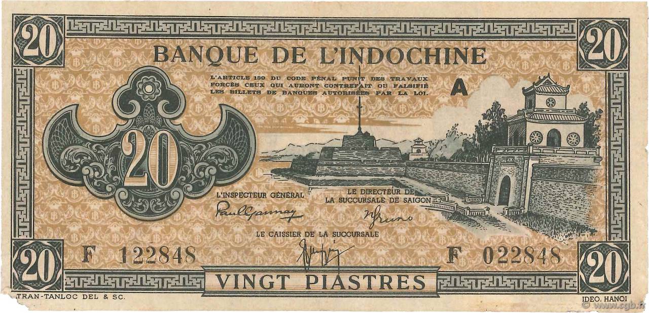 20 Piastres marron INDOCINA FRANCESE  1945 P.071 BB