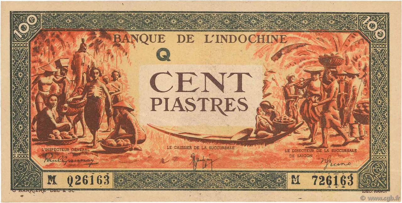 100 Piastres orange, cadre noir INDOCINA FRANCESE  1945 P.073 AU