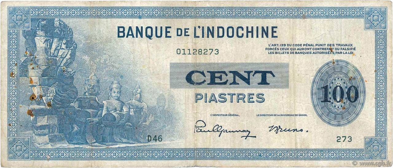 100 Piastres FRENCH INDOCHINA  1941 P.078 F+