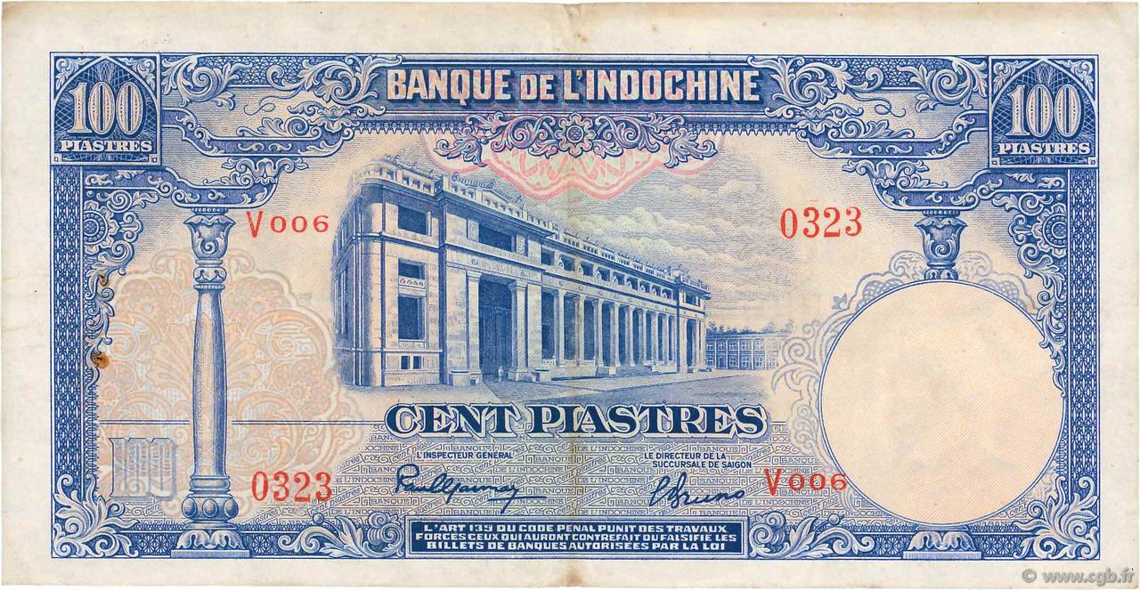 100 Piastres FRENCH INDOCHINA  1940 P.079a VF+