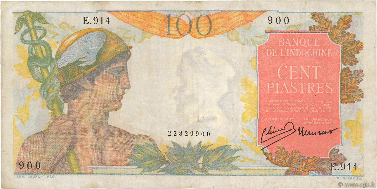 100 Piastres FRENCH INDOCHINA  1947 P.082a VF