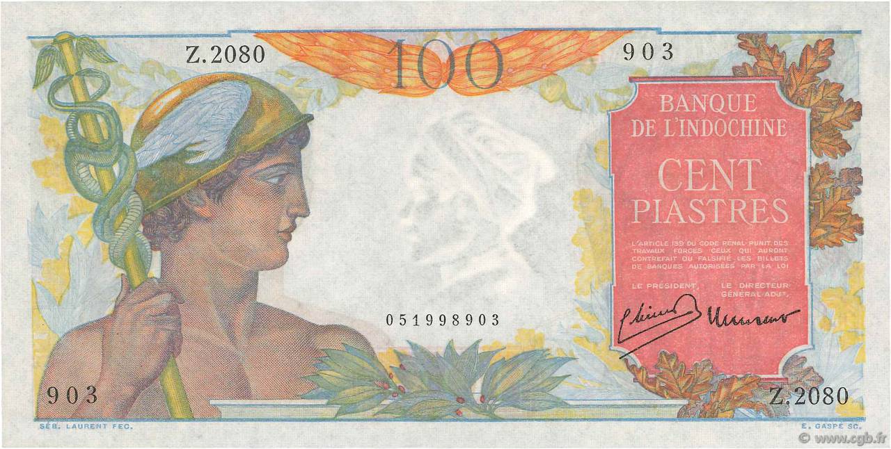 100 Piastres FRANZÖSISCHE-INDOCHINA  1947 P.082b fST+