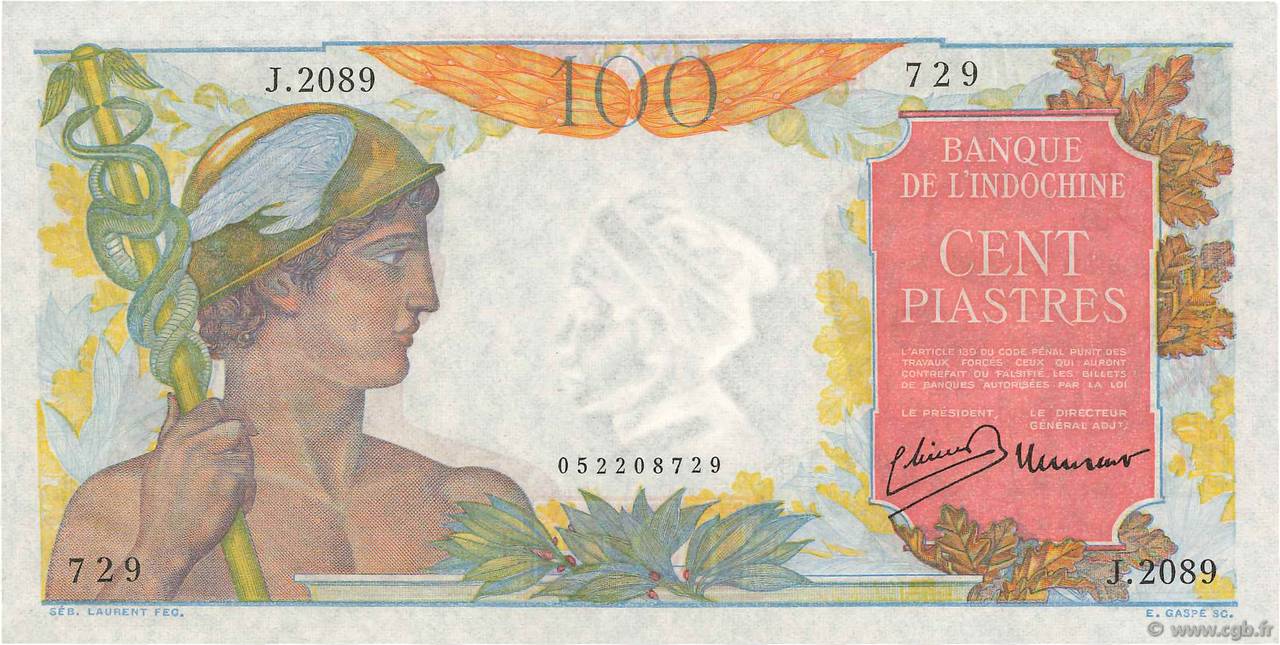 100 Piastres FRENCH INDOCHINA  1947 P.082b AU
