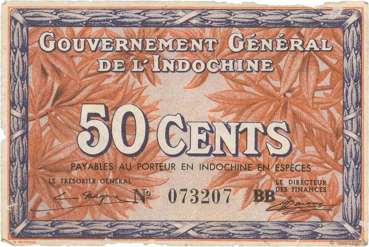 50 Cents FRENCH INDOCHINA  1939 P.087c VF