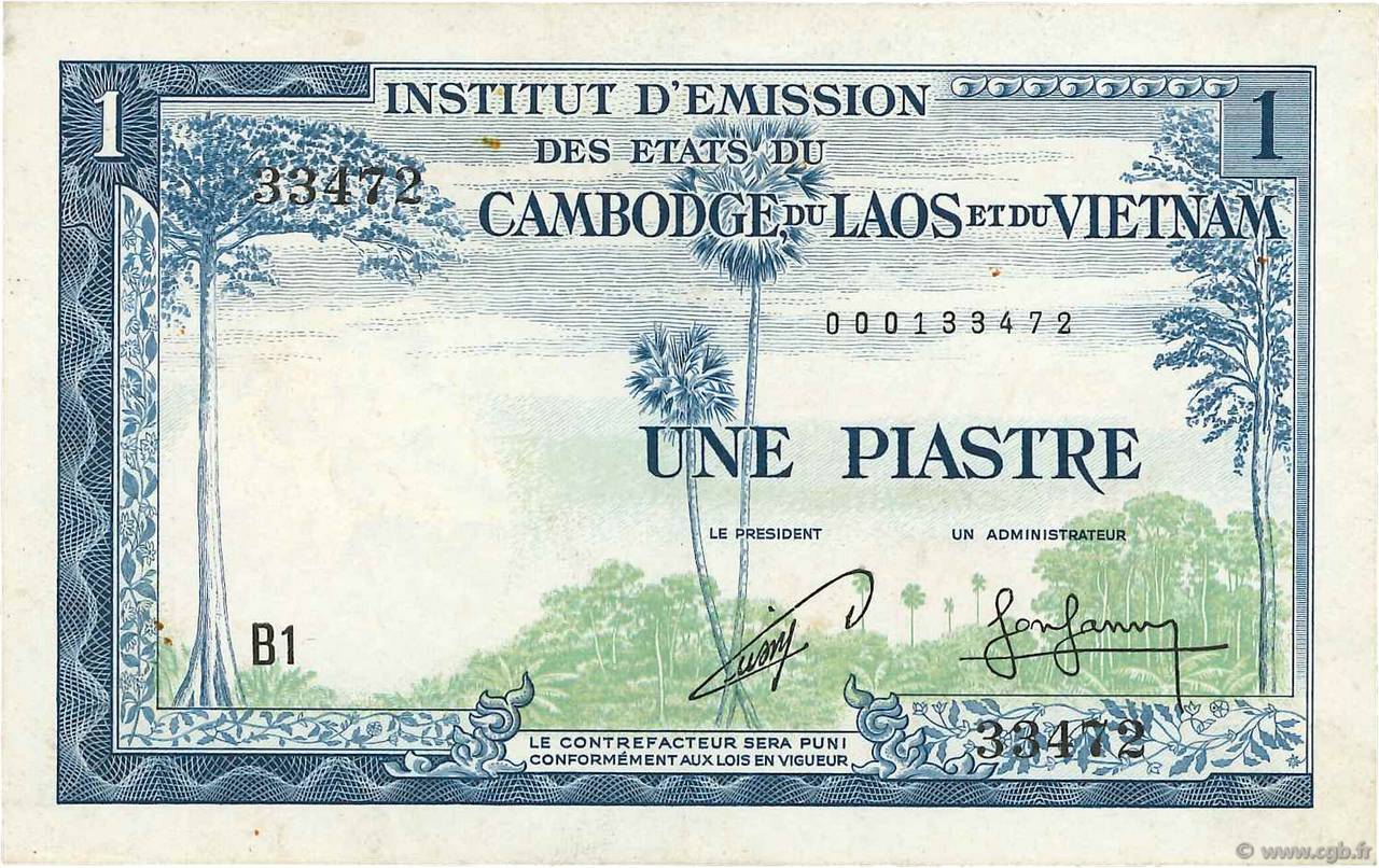 1 Piastre - 1 Riel FRENCH INDOCHINA  1954 P.094 XF+