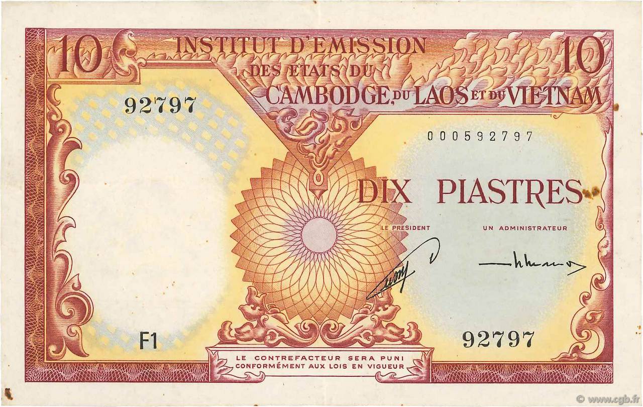 10 Piastres - 10 Riels FRENCH INDOCHINA  1953 P.096a XF