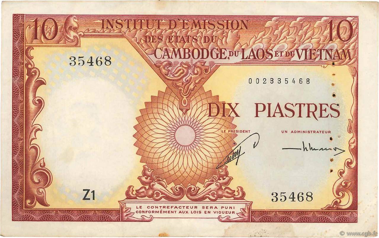 10 Piastres - 10 Riels FRENCH INDOCHINA  1953 P.096a VF