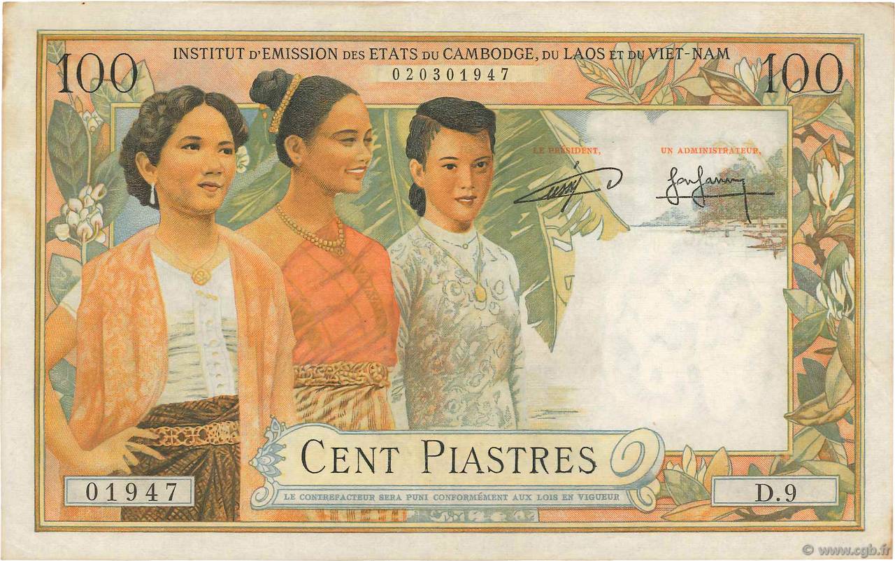 100 Piastres - 100 Riels INDOCINA FRANCESE  1954 P.097 q.SPL
