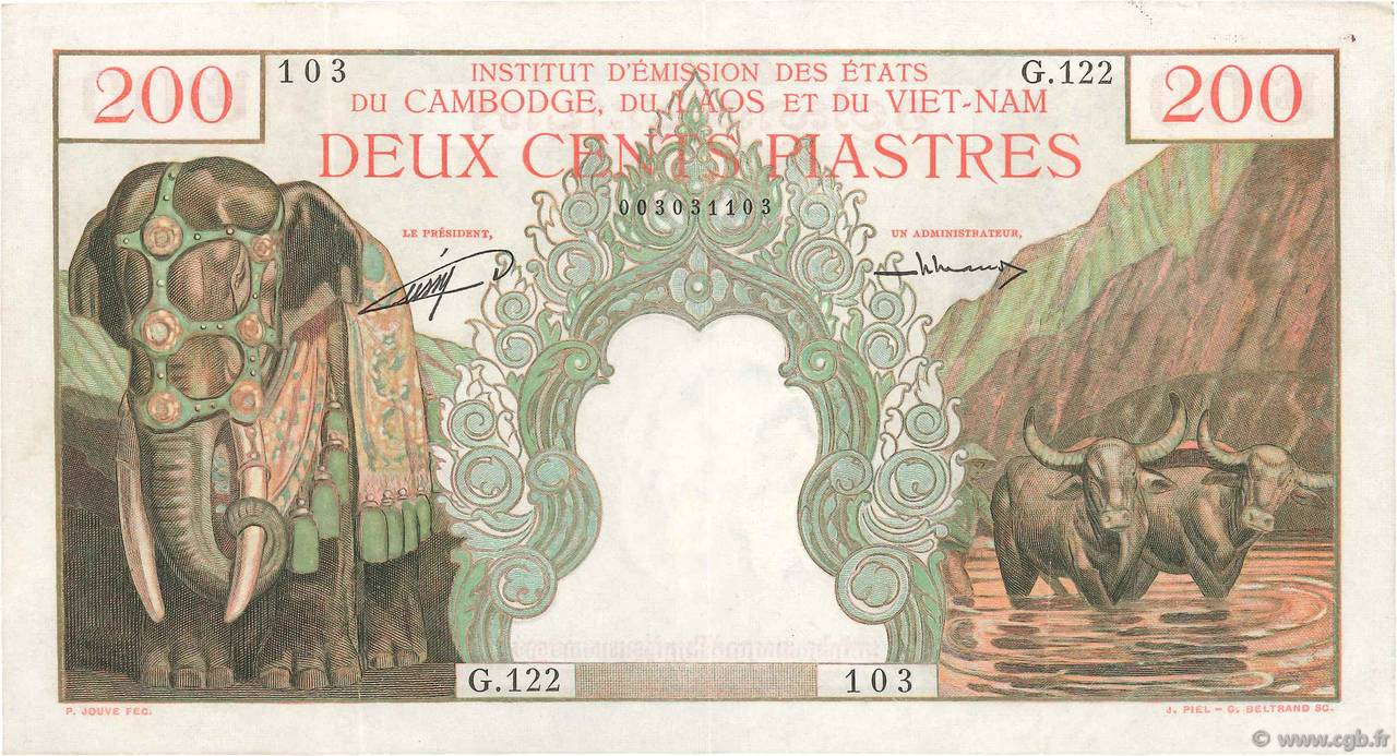 200 Piastres - 200 Riels INDOCHINE FRANÇAISE  1953 P.098 TTB+