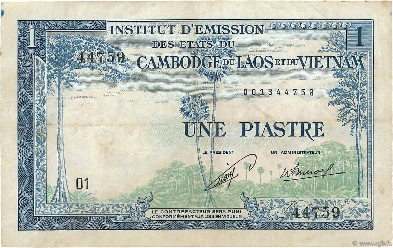 1 Piastre - 1 Kip INDOCHINE FRANÇAISE  1954 P.100 TTB