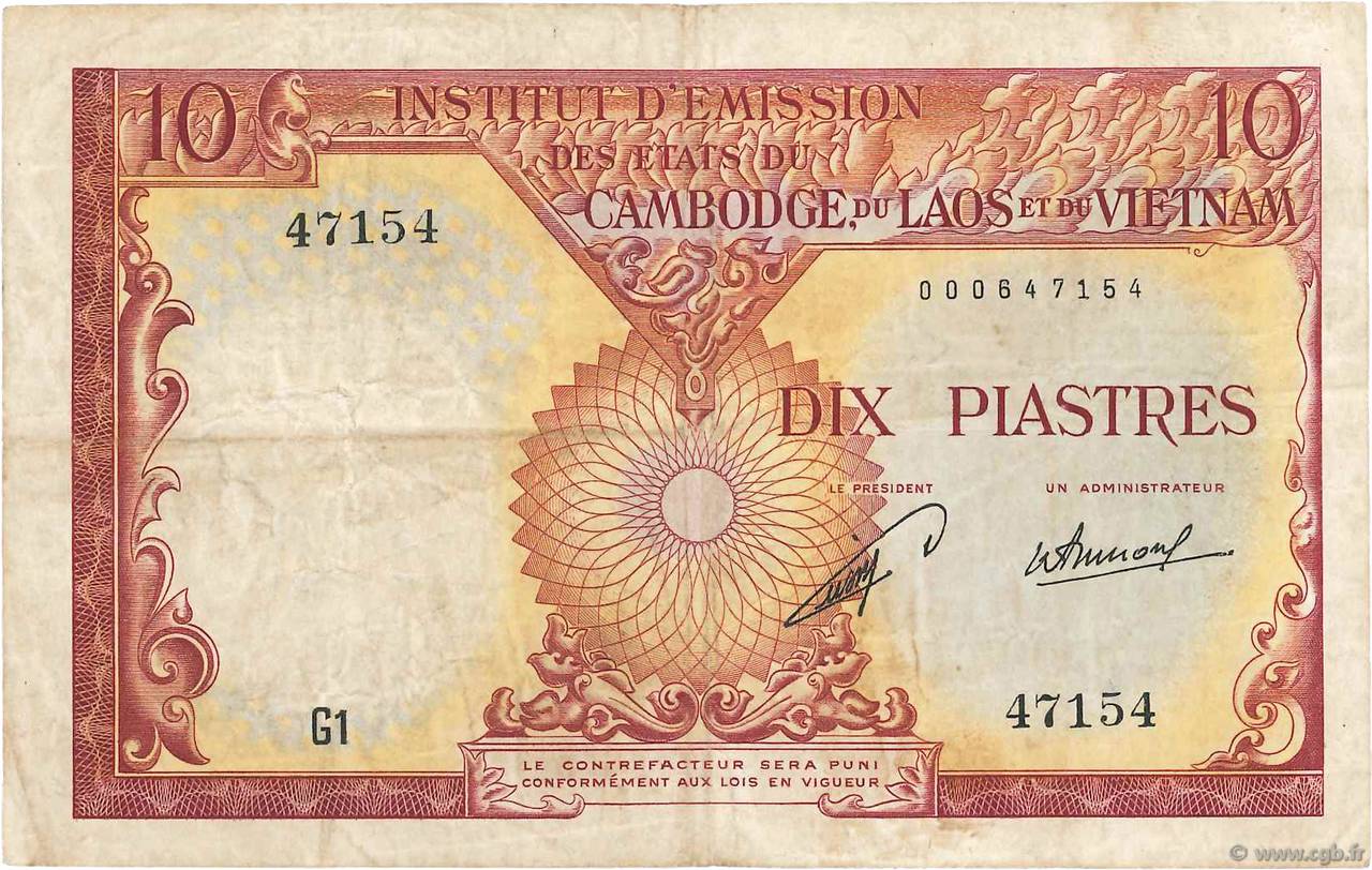 10 Piastres - 10 Kip INDOCINA FRANCESE  1953 P.102 q.BB