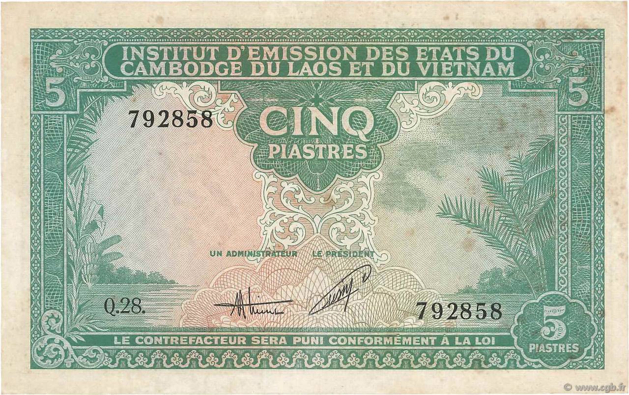 5 Piastres - 5 Dong INDOCINA FRANCESE  1953 P.106 BB