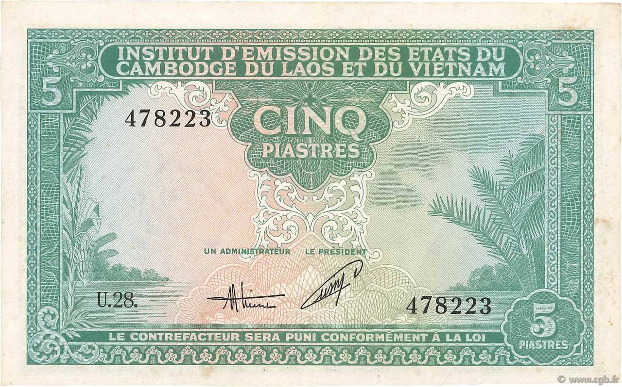 5 Piastres - 5 Dong INDOCHINE FRANÇAISE  1953 P.106 SUP+