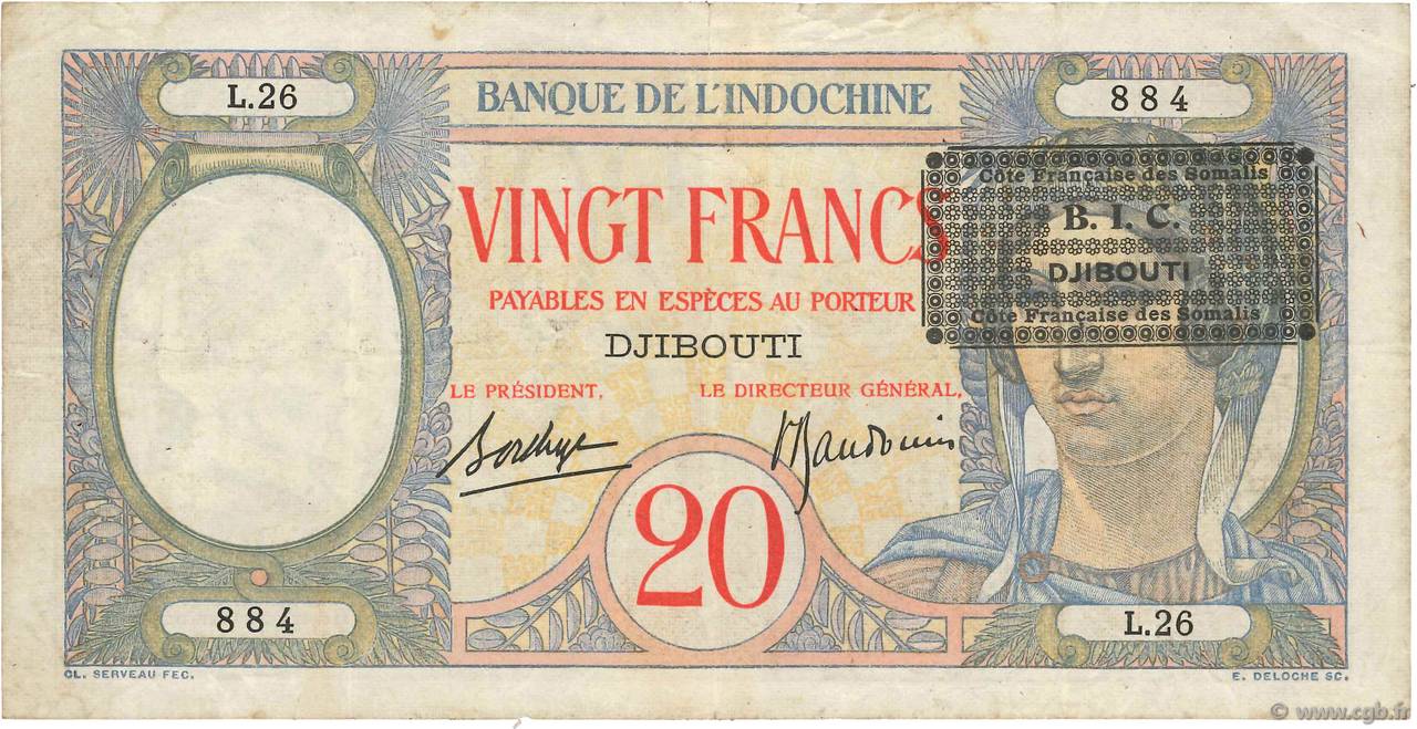 20 Francs DSCHIBUTI   1943 P.12A fSS
